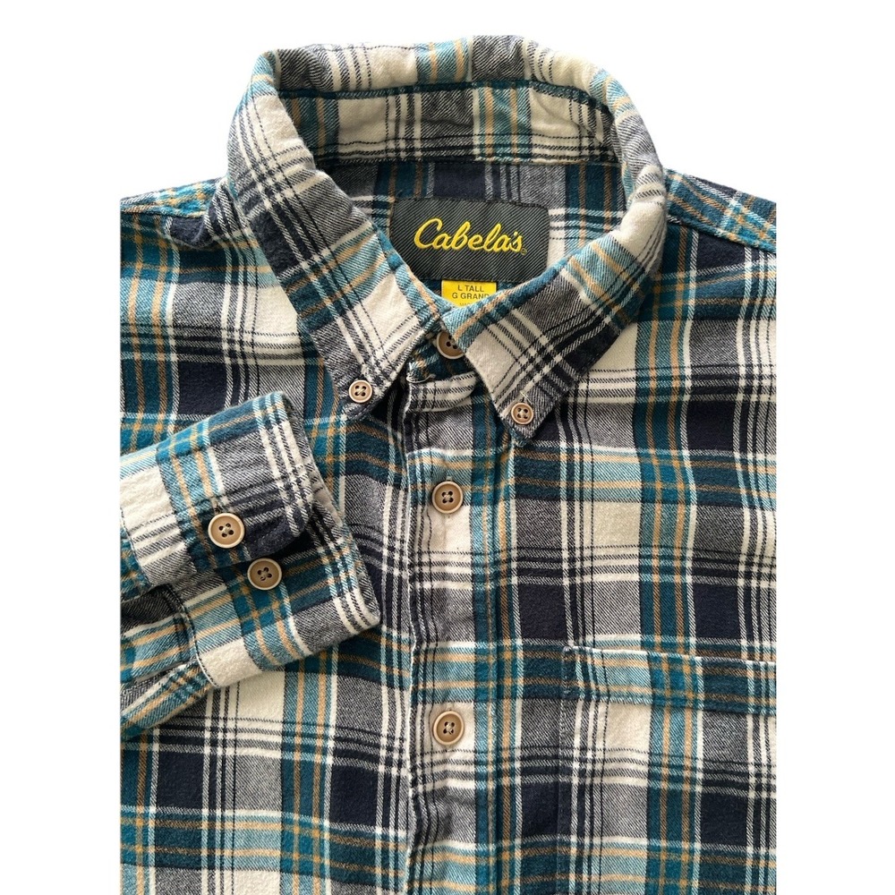 Cabelas Mens Flannel Shirt L Tall Blue Teal Plaid Cotton Button Down Long Sleeve